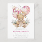 Roze ballonnen Teddy Bear Bloemen Meisje Baby show Uitnodiging Briefkaart (Voorkant)