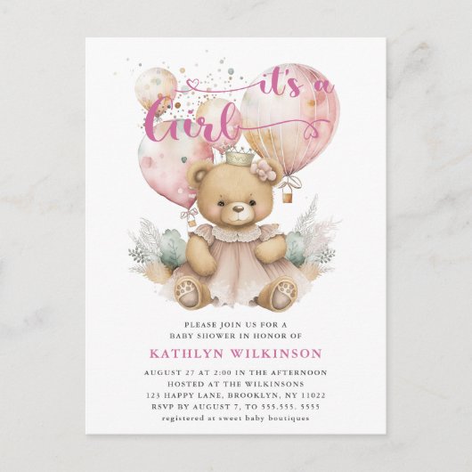 Roze ballonnen Teddy Bear Bloemen Meisje Baby show Uitnodiging Briefkaart (Voorkant)