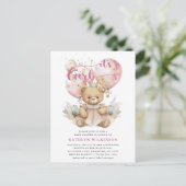 Roze ballonnen Teddy Bear Bloemen Meisje Baby show Uitnodiging Briefkaart (Staand voorkant)