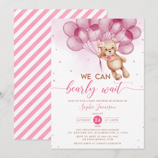 Roze ballonnen Teddy Bear Girl Baby shower Kaart (Voorkant / Achterkant)