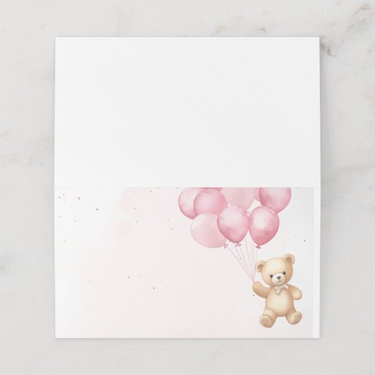 Roze ballonnen teddybeer baby shower plaatskaartje (Buitenkant ongevouwen)