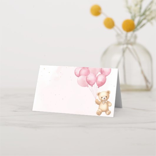 Roze ballonnen teddybeer baby shower plaatskaartje (Voorkant)