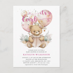 Roze Ballonnen Teddybeer Bloem Meisje Baby Shower Uitnodiging Briefkaart