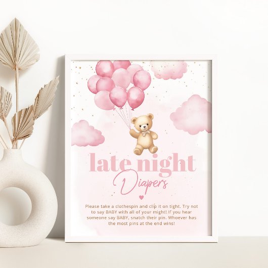 Roze ballonnen teddybeer Late nacht luiers Poster