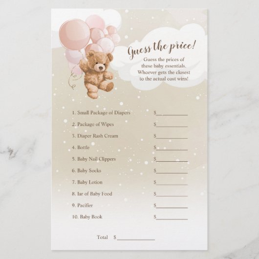 Roze Ballonnen Teddybeer Prijs Raden Spel Flyer (Voorkant)