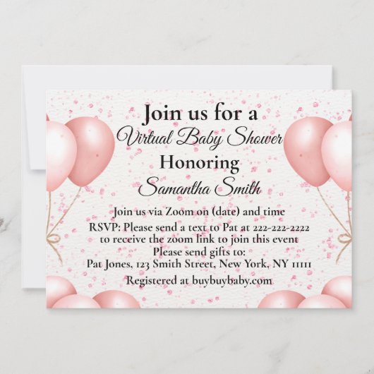 Roze ballonnen Virtual Baby shower Kaart (Voorkant)