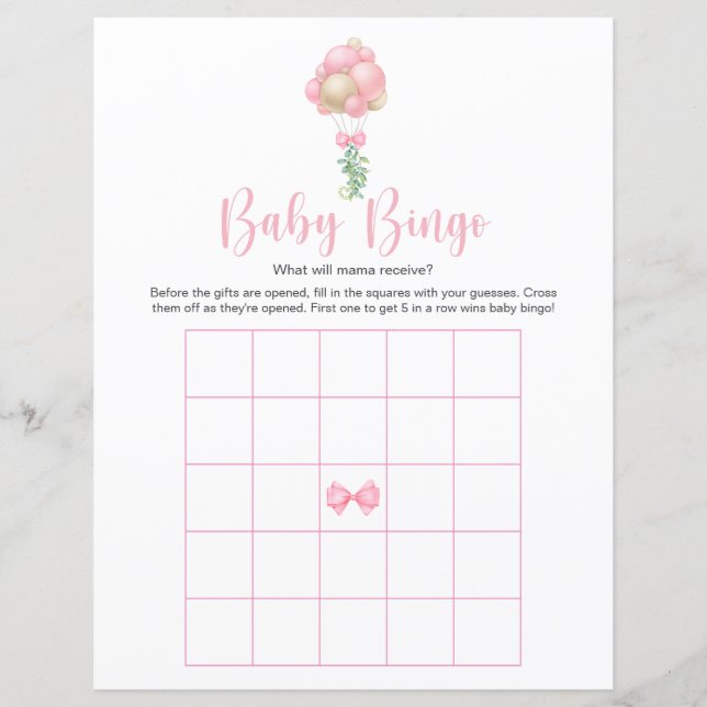 Roze Ballons Baby shower Bingo spel (Voorkant)