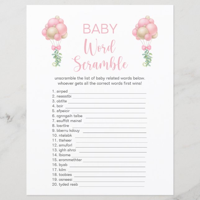 Roze Ballons Baby shower Word Scramble (Voorkant)