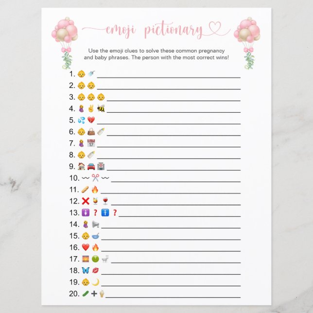 Roze Ballons Emoji Pictionary Baby shower Game (Voorkant)