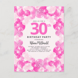 Roze Ballons Faux Glitter Plezier 30e Verjaardagsf Uitnodiging Briefkaart
