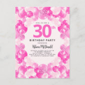 Roze Ballons Faux Glitter Plezier 30e Verjaardagsf Uitnodiging Briefkaart (Voorkant)