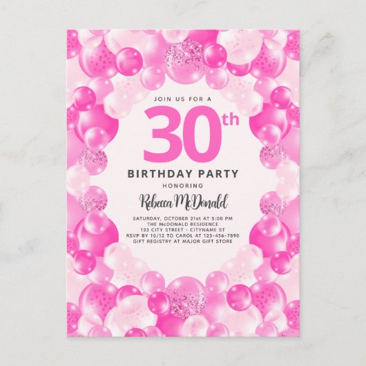 Roze Ballons Faux Glitter Plezier 30e Verjaardagsf Uitnodiging Briefkaart (Voorkant)