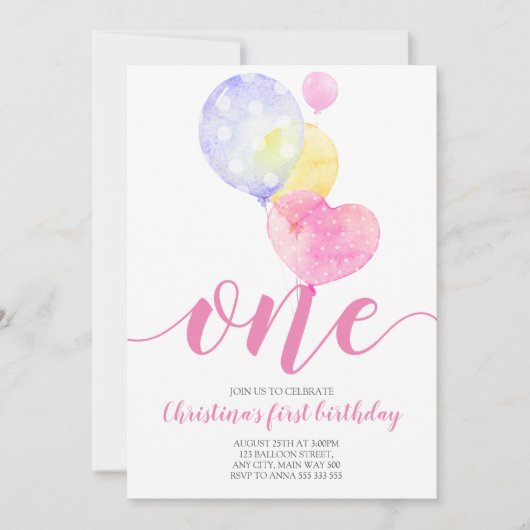 Roze ballons meisje eerste verjaardag op 1 januari kaart (Voorkant)