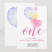 Roze ballons meisje eerste verjaardag op 1 januari kaart (Voorkant / Achterkant)