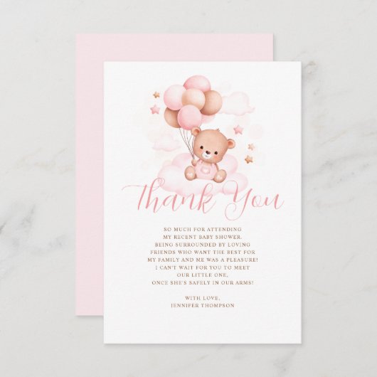 Roze ballons Teddy Bear Baby shower Bedankkaart (Voorkant / Achterkant)