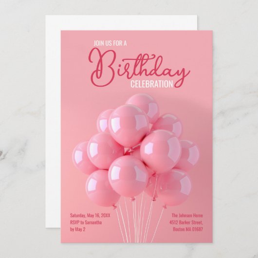 Roze Ballons Verjaardag uitnodiging (Voorkant / Achterkant)