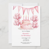 Roze Ballons Verjaardagstaart Banner Meisje 3e Geb Kaart (Voorkant)