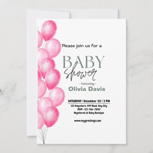 Roze Baloon Baby shower Invitation Kaart (Voorkant)