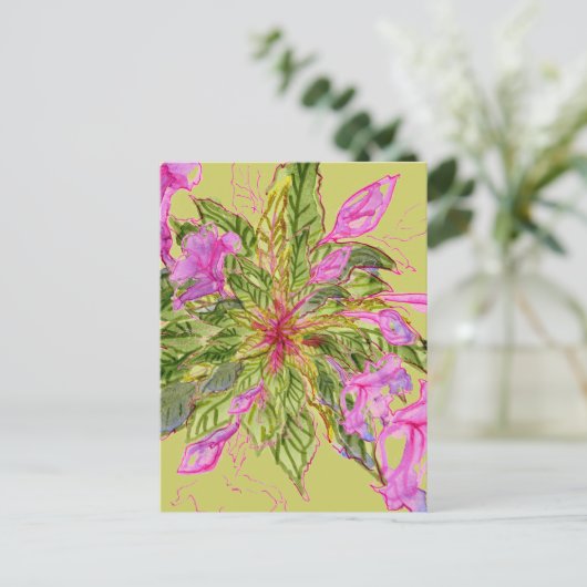Roze Balsam Flowers Bouquet op Green Briefkaart (Staand voorkant)