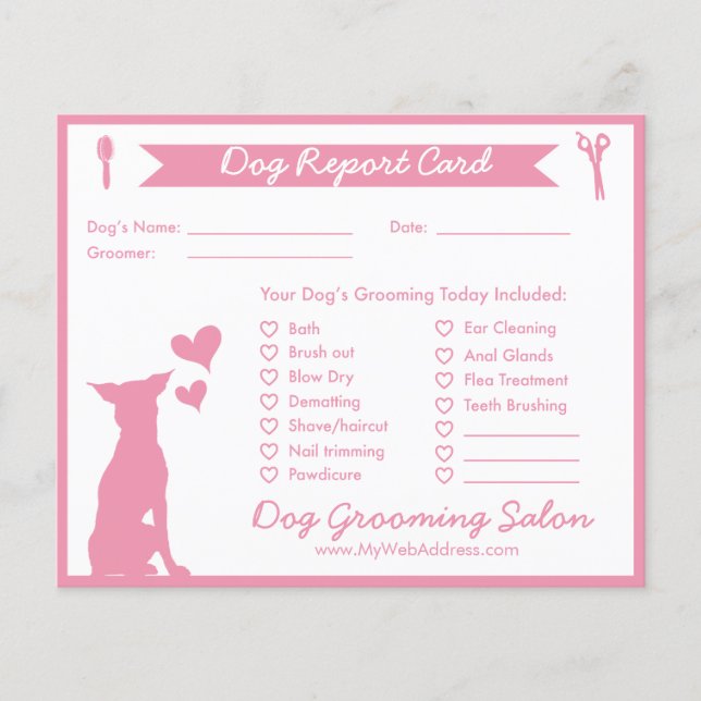 Roze banner en Silhouette Dog Grooming Report Car (Voorkant)