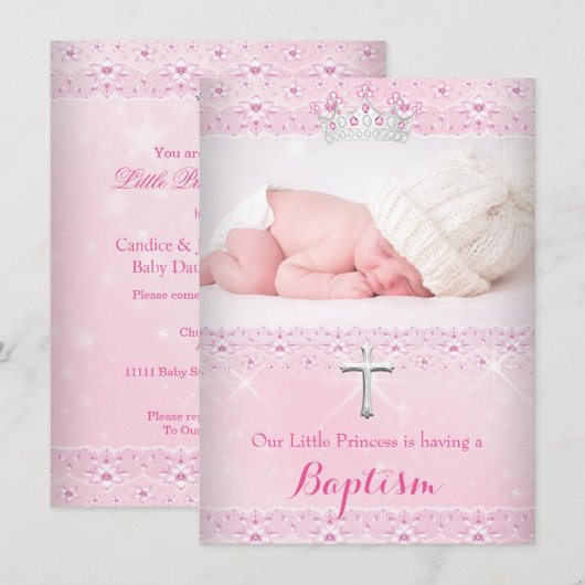 Roze Baptism Baby Foto van Girl Tiara Kaart (Voorkant / Achterkant)