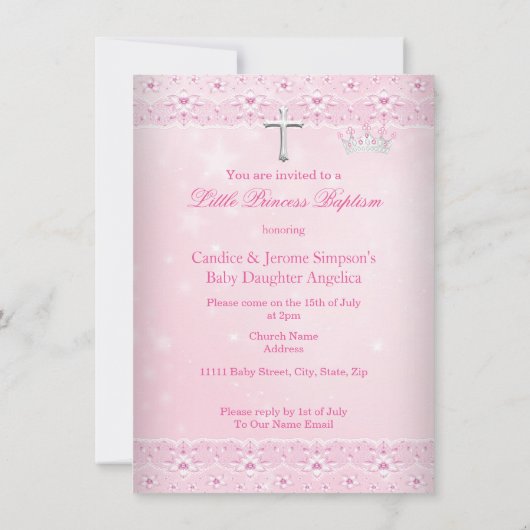 Roze Baptism Baby Foto van Girl Tiara Kaart (Achterkant)