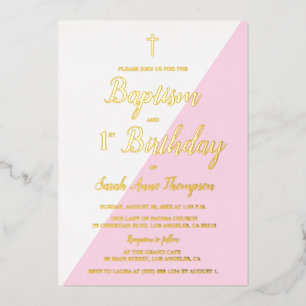 Roze baptisme 1e verjaardag folie uitnodiging