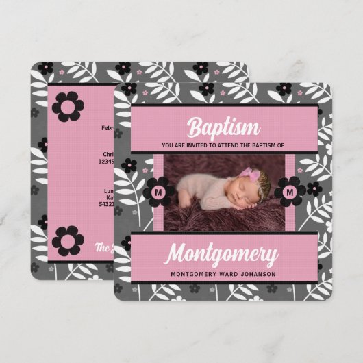 Roze baptisme met de monogrammed Foto van Baby Gir Kaart (Voorkant / Achterkant)
