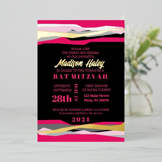 Roze Bar Mitswa uitnodiging met gouden folie (Staand Voorkant)