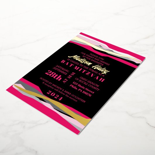 Roze Bar Mitswa uitnodiging met gouden folie (Gedraaid)