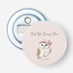 Roze Baret Bruine Witte Uil Tot ziens Button Flesopener