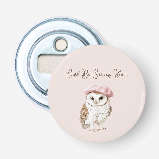 Roze Baret Bruine Witte Uil Tot ziens Button Flesopener (Voorkant)
