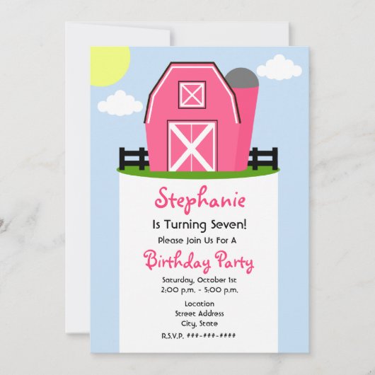Roze Barn Birthday Party Invitation Kaart (Voorkant)