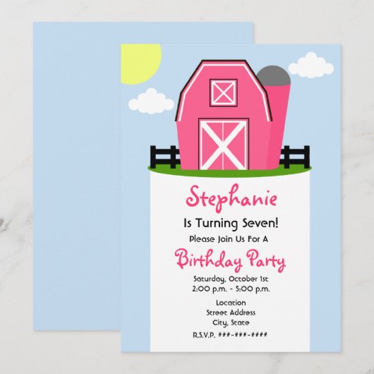 Roze Barn Birthday Party Invitation Kaart (Voorkant / Achterkant)