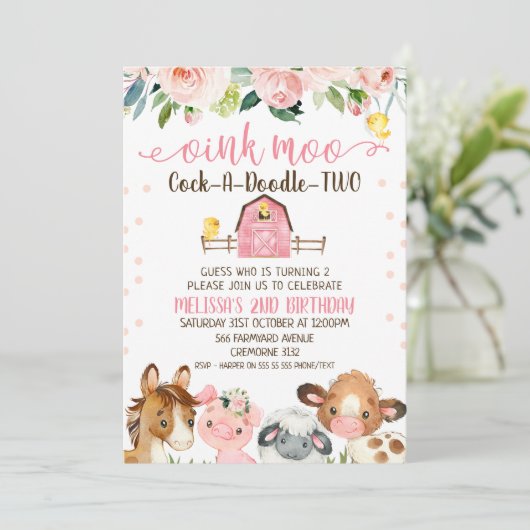 Roze Barn Cock-a-Doodle-TWO Animal Birthday Kaart (Staand voorkant)