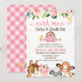 Roze Barn Floral Boerderij Animal Birthday Uitnodi Kaart (Voorkant / Achterkant)