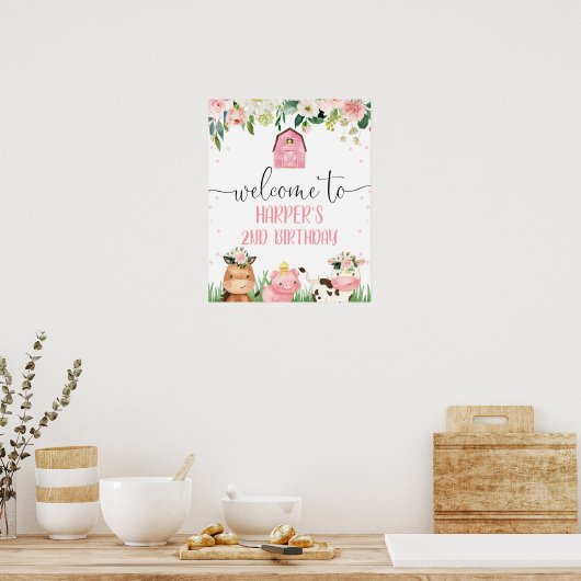 Roze Barn Florence Farm Animals Birthday Welkom Po Poster (Keuken)