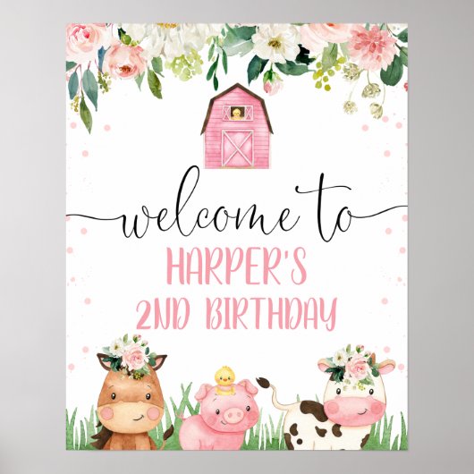 Roze Barn Florence Farm Animals Birthday Welkom Po Poster (Voorkant)