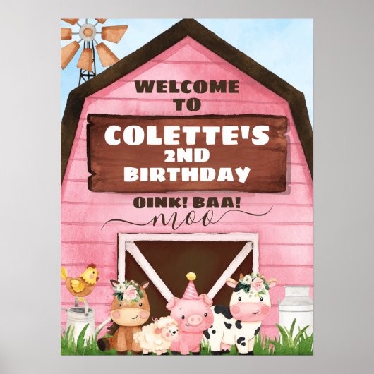 Roze Barn Oink Baa Moo Boerderij Birthday Welkom Poster (Voorkant)