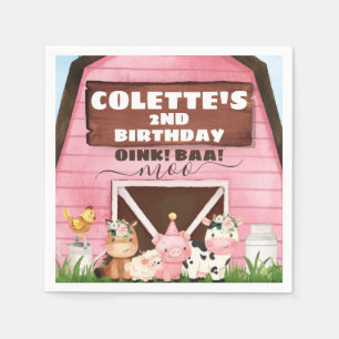 Roze Barn Oink Baa Moo Farm Animals Birthday Paper Servet