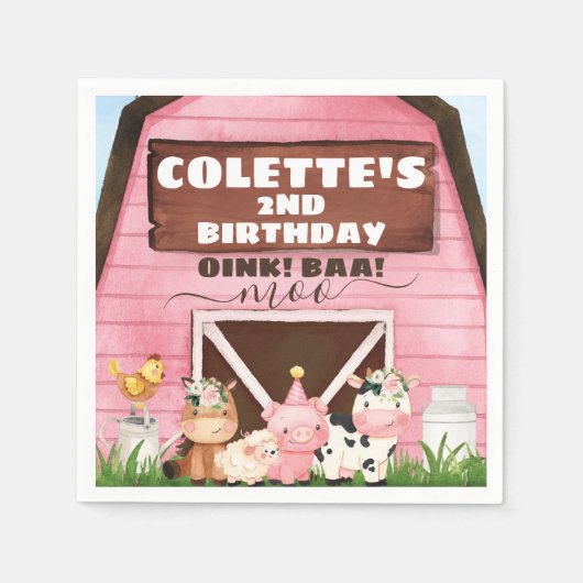 Roze Barn Oink Baa Moo Farm Animals Birthday Paper Servet (Voorkant)