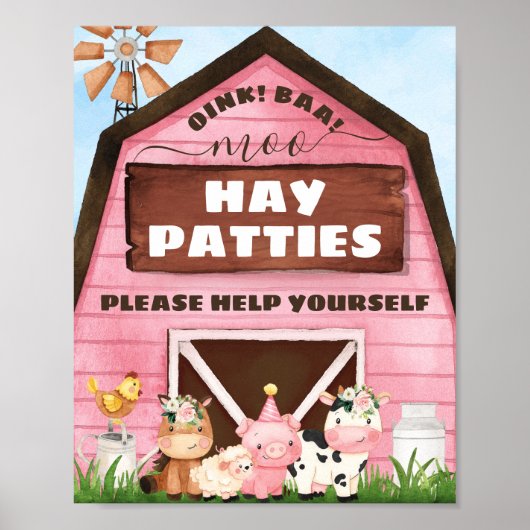 Roze Barn Oink Baa Moo Farm Animals Birthday Party Poster (Voorkant)