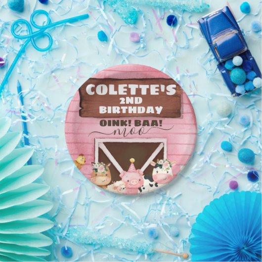 Roze Barn Oink Baa Moo Farm Animals Papieren Bordje (Feest)