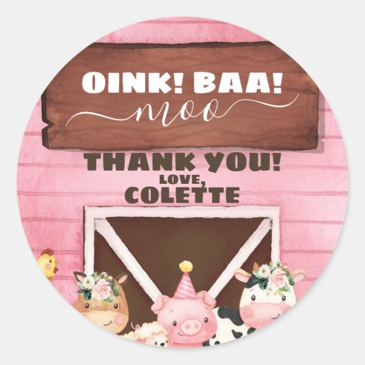 Roze Barn Oink Baa Moo Farm Animals Ronde Sticker (Voorkant)