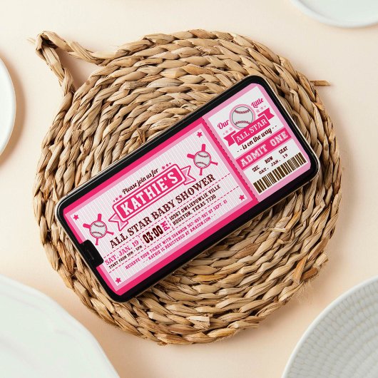 Roze Baseball Ticket Pass Baby shower Uitnodiging
