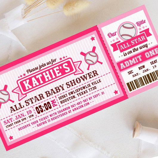 Roze Baseball Ticket Pass Baby shower Uitnodiging