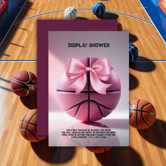 Roze Basketbal Ribbon Bow Ball Baby shower Informatiekaartje