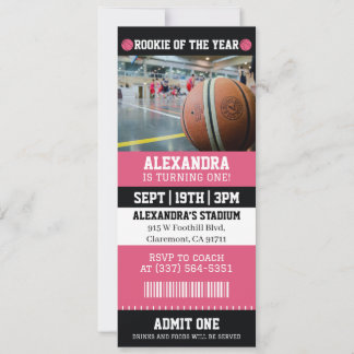 Roze Basketbal Ticket 1e Verjaardagsfeestje Kaart