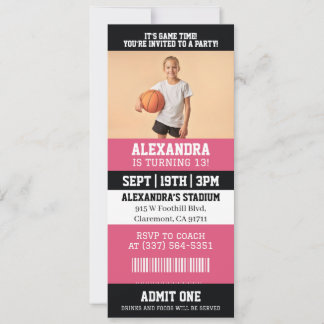 Roze Basketbal Ticket Verjaardag Foto Uitnodiging