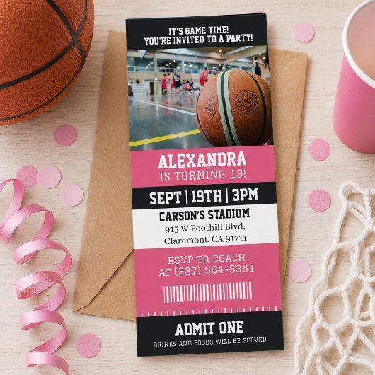 Roze Basketbal Ticket Verjaardagsfeestje Kaart